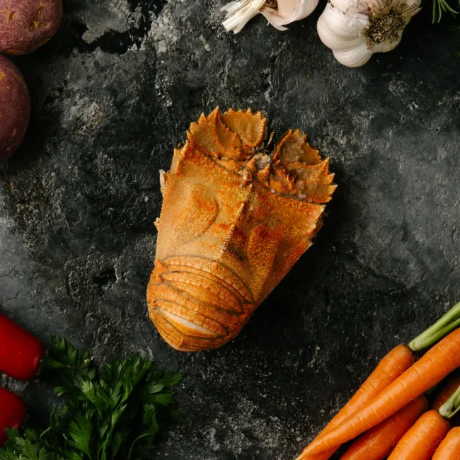Australian bugs with fresh vegetables on dark background.