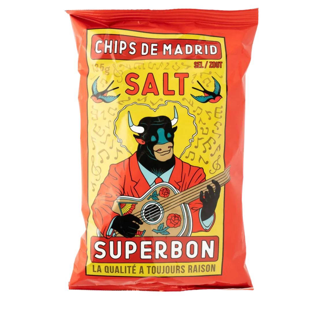 Chips packet with bull playing guitar illustration.