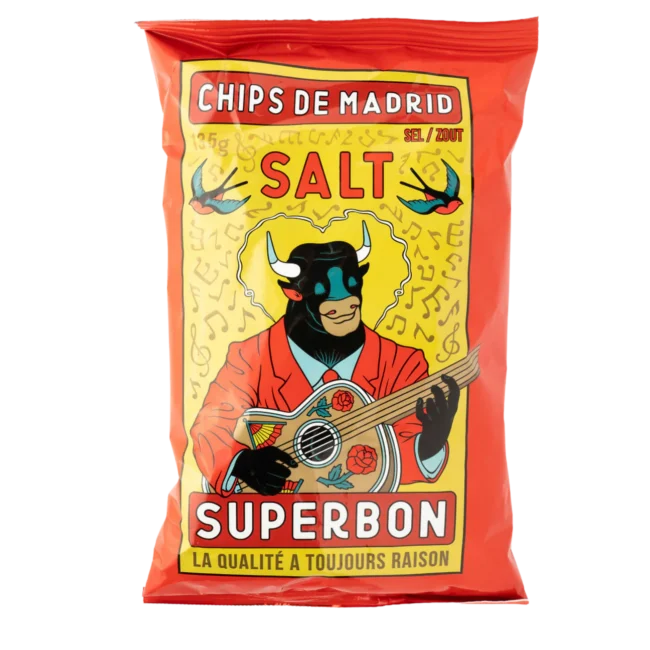 Chips packet with bull playing guitar illustration.