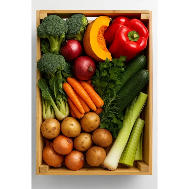 Assorted fresh vegetables in wooden box.